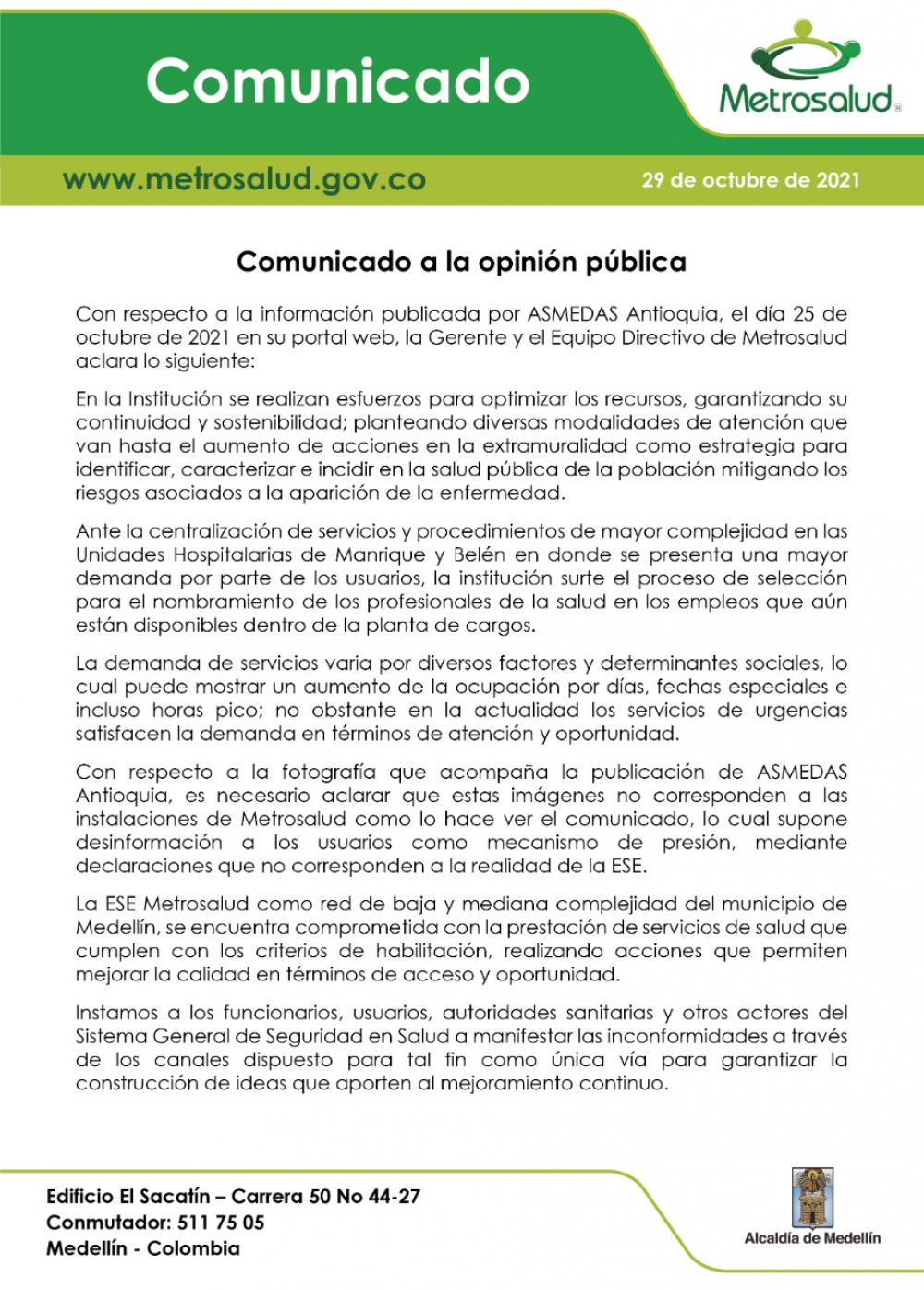 Comunicado a la opinión pública