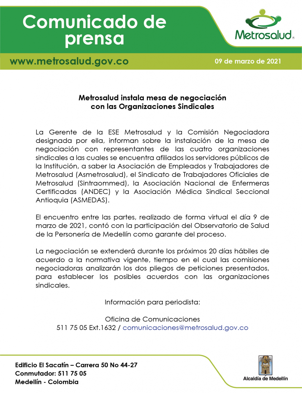 Comunicado de Prensa - Metrosalud instala mesa de negociación con las Organizaciones Sindicales