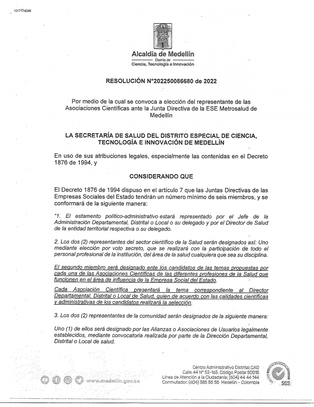 Se convoca a elección del representante de las Asociaciones Científicas ante la Junta Directiva de la ESE Metrosalud de Medellín