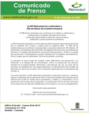 La ESE Metrosalud da continuidad a  330 servidores de la planta temporal