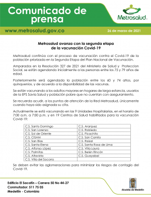 Metrosalud avanza con la segunda etapa de la vacunación Covid-19