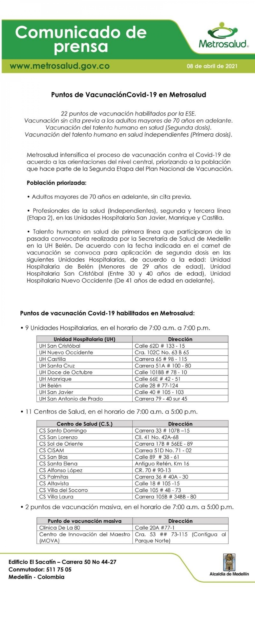 Puntos de Vacunación Covid-19 en Metrosalud - 8 de abril 2021