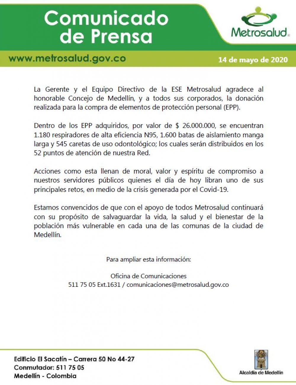 Comunicado de Prensa 14-05-2020